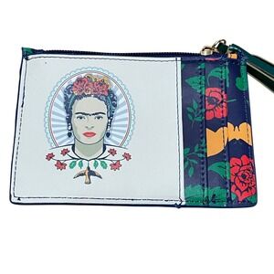 Frida‎ Kahlo Card Holder Wallet Blue Floral Print Zipper Pouch